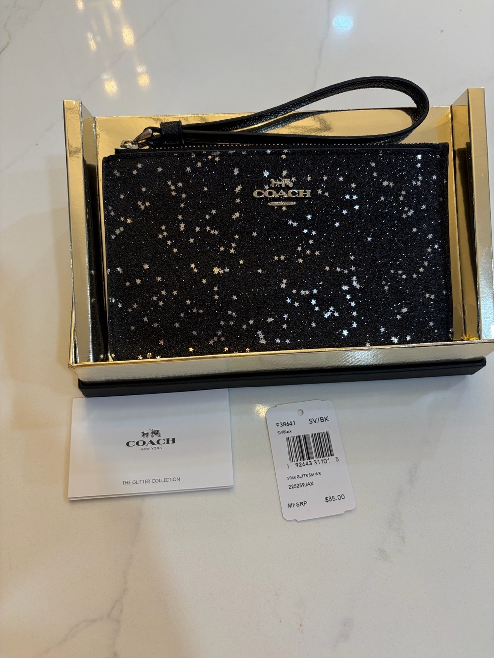Coach Black Glitter Star Wristlet with Silver Logo